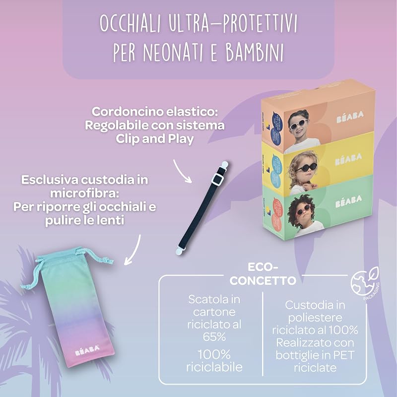 , Occhiali da sole per bambini 9-24 mesi, 100% protezione UV - CAT 3, protezione laterale, comfort ottimale, aste regolabili a 360°, Joy, rosa neon