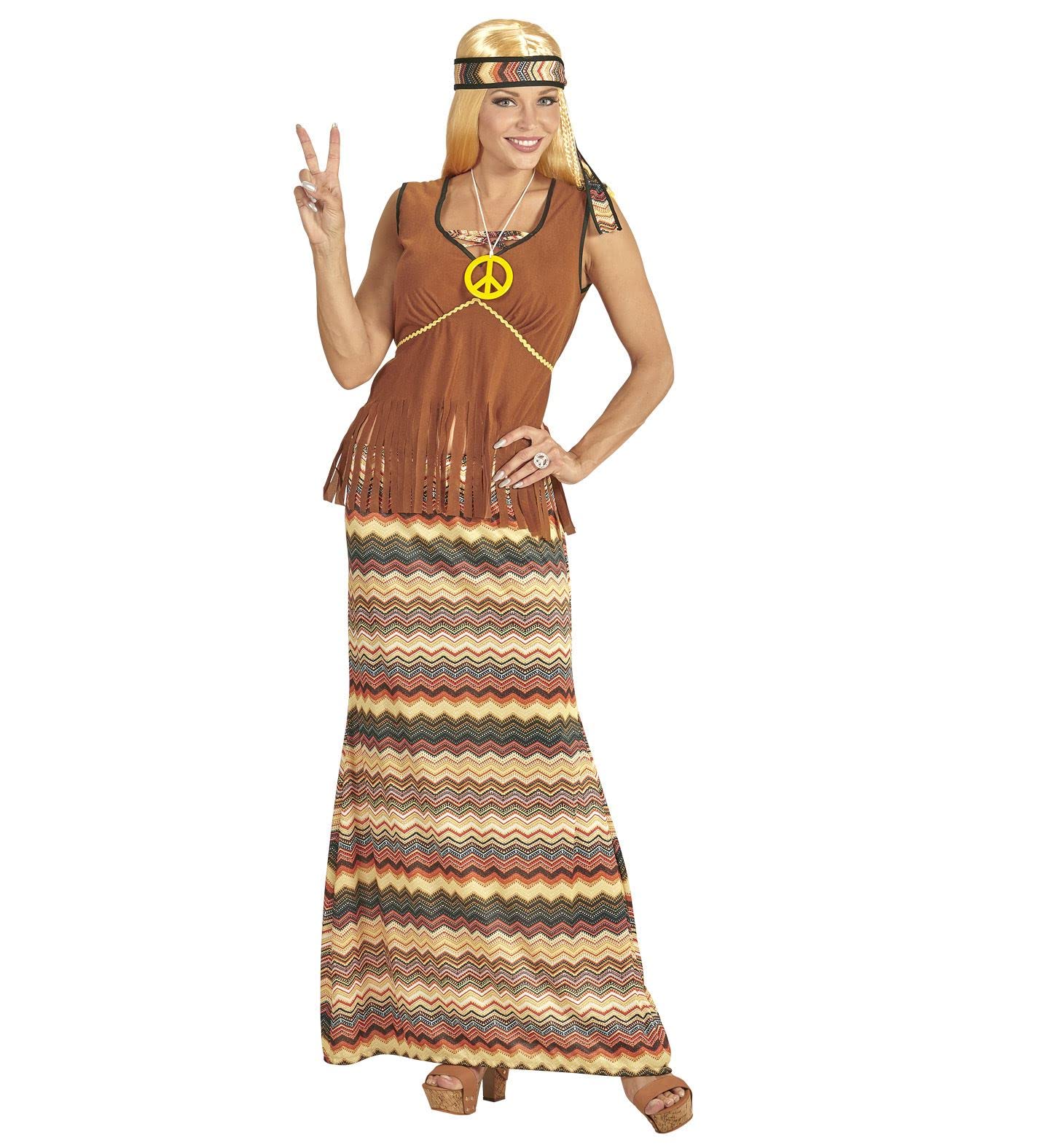 Widmann adult's hippie woman costume, dress with jacket, skirt, headband and necklace with peace sign