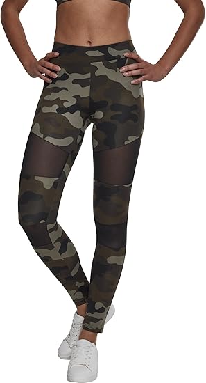 Urban Classics Damen Camo Tech Mesh Sport Leggings Streetwear und Fitnesshose mit halbtransparenten Einsätzen