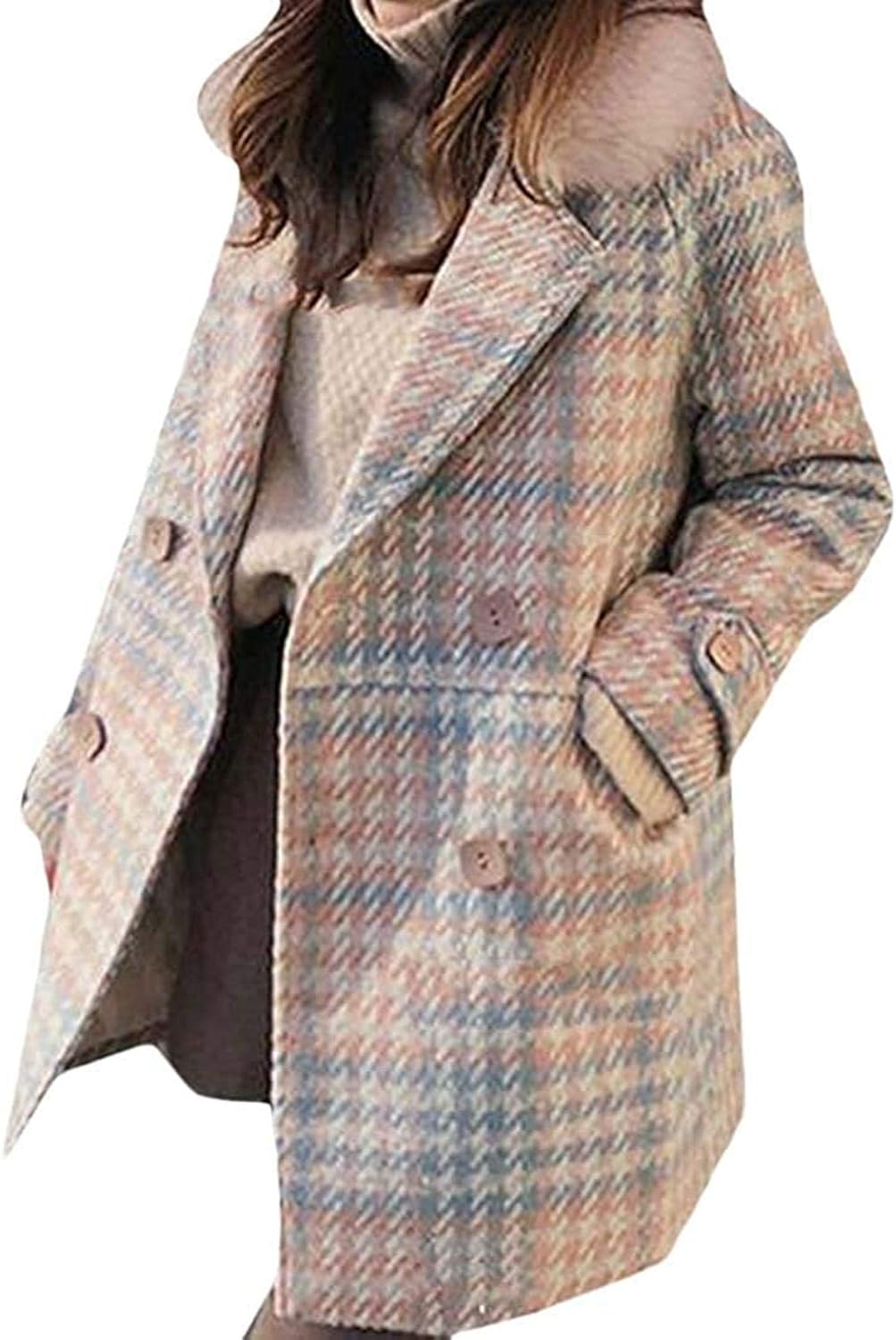 Women Plus Size Wool Blend Plaid Winter Faux Fur Collar Loose Fit Pea Coat Overcoat Amazon.co