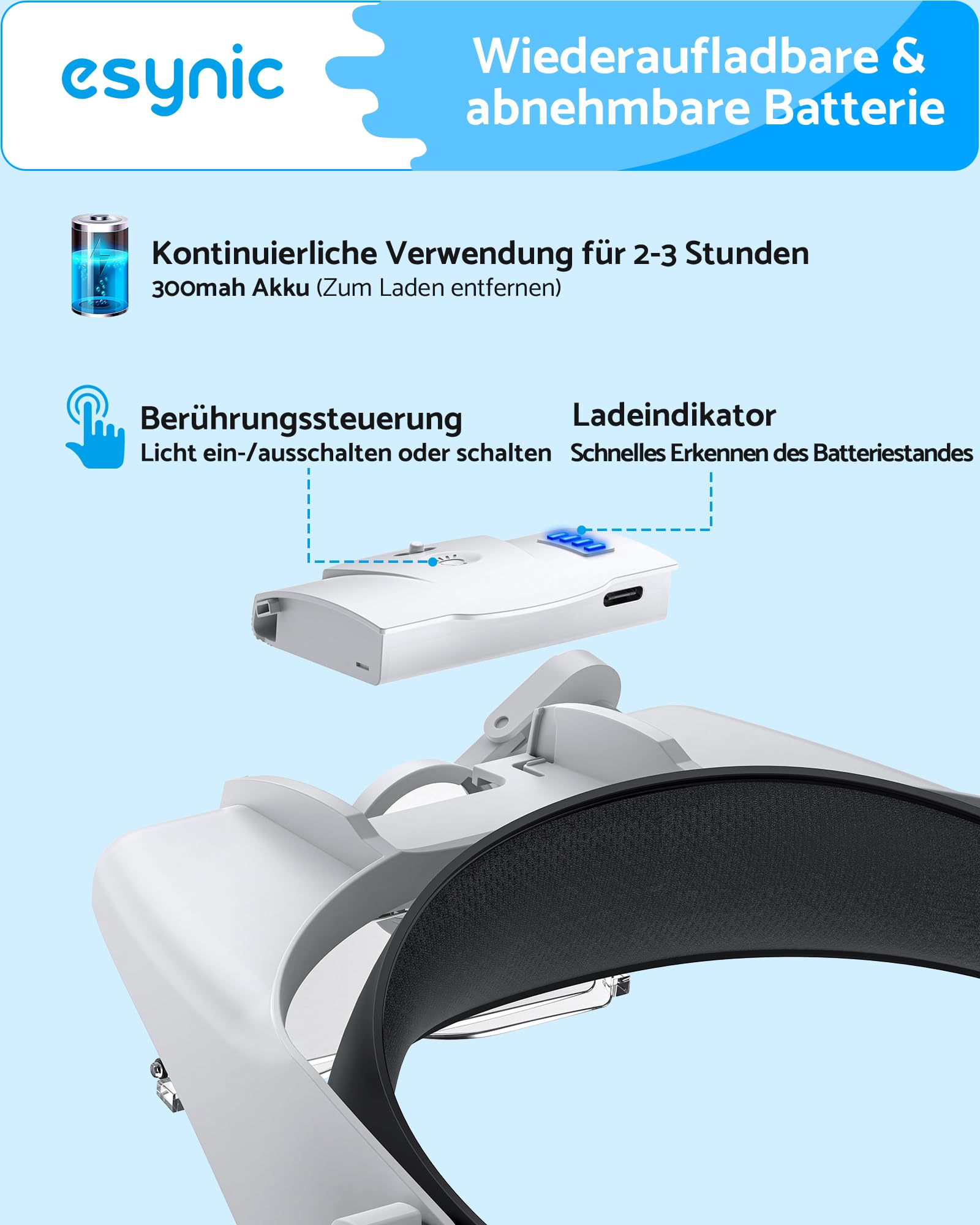 eSynic Kopfbandlupe Kopf Lupenbrille Lupenbrille Headset mit 2-Stufen LED-Licht Upgrade-Kopf Lupe 5 Linsen 8X Lupe Freihändige Aufladbar mit Batterieanzeige für Basteln Lesen Naharbeit 6