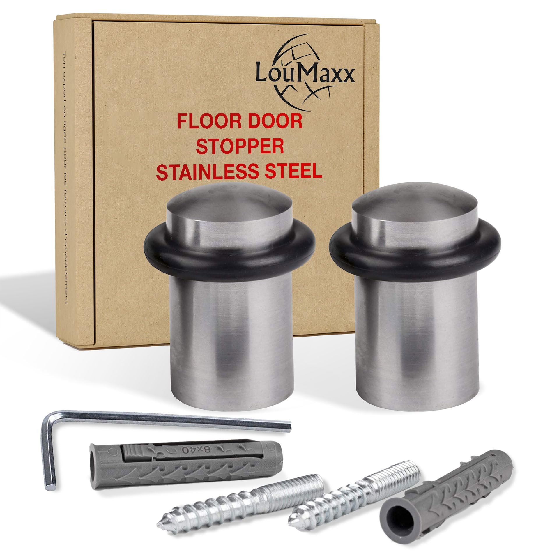LouMaxx Door Stop Floor for Screwing - Set of 2 - Stainless Steel Floor Door Stopper - Door Stopper Floor Screws - Door Stopper Stainless Steel Floor - Door Stopper for Screwing Including Mounting