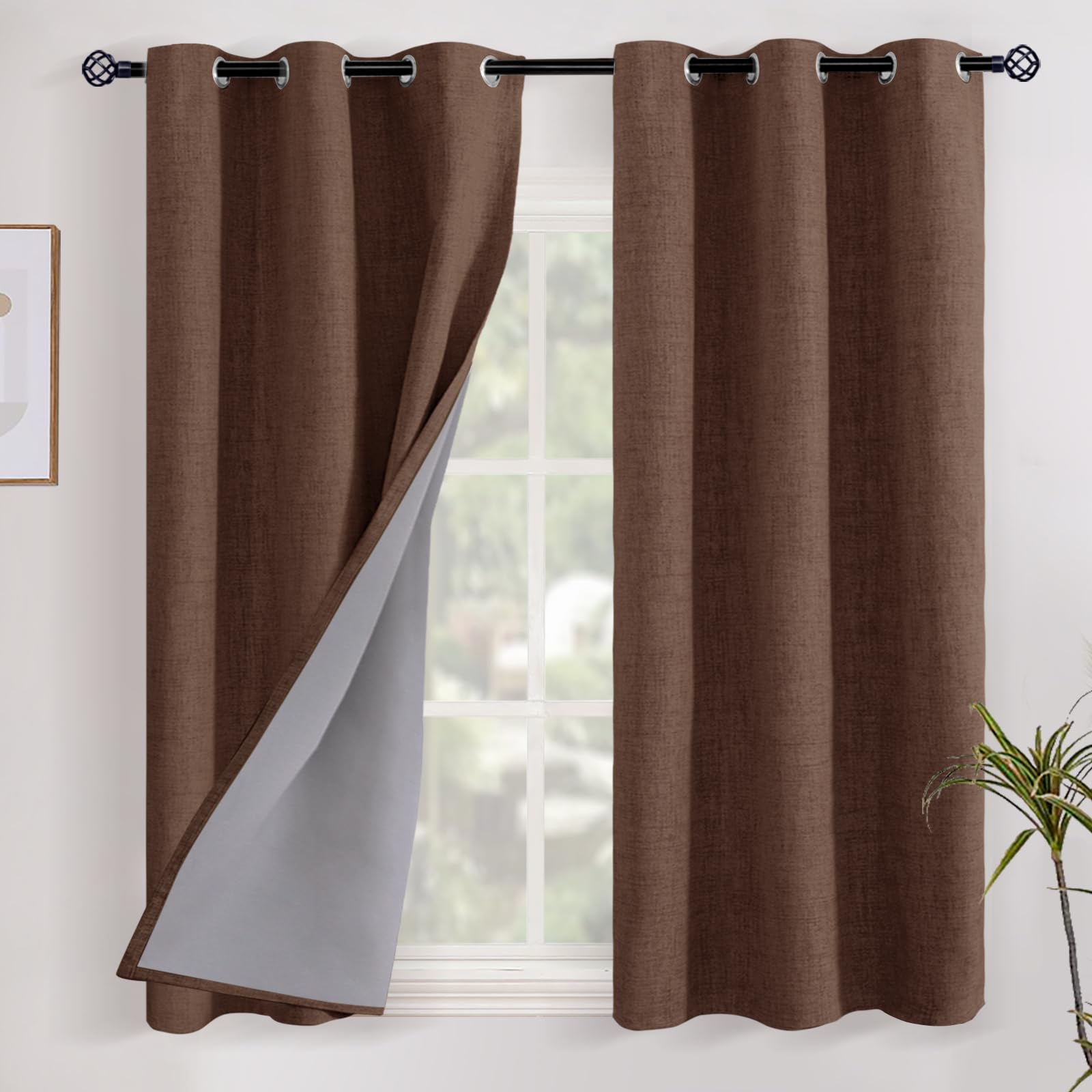 YoungsTex Brown Linen Blackout Curtains 48 Inches Long for Bedroom, Full Light Blocking Drapes with Grommet Thermal Insulated Blinds for Short Living Room Farmhouse Window, 2 Panels, 42 X 48 Inch Image