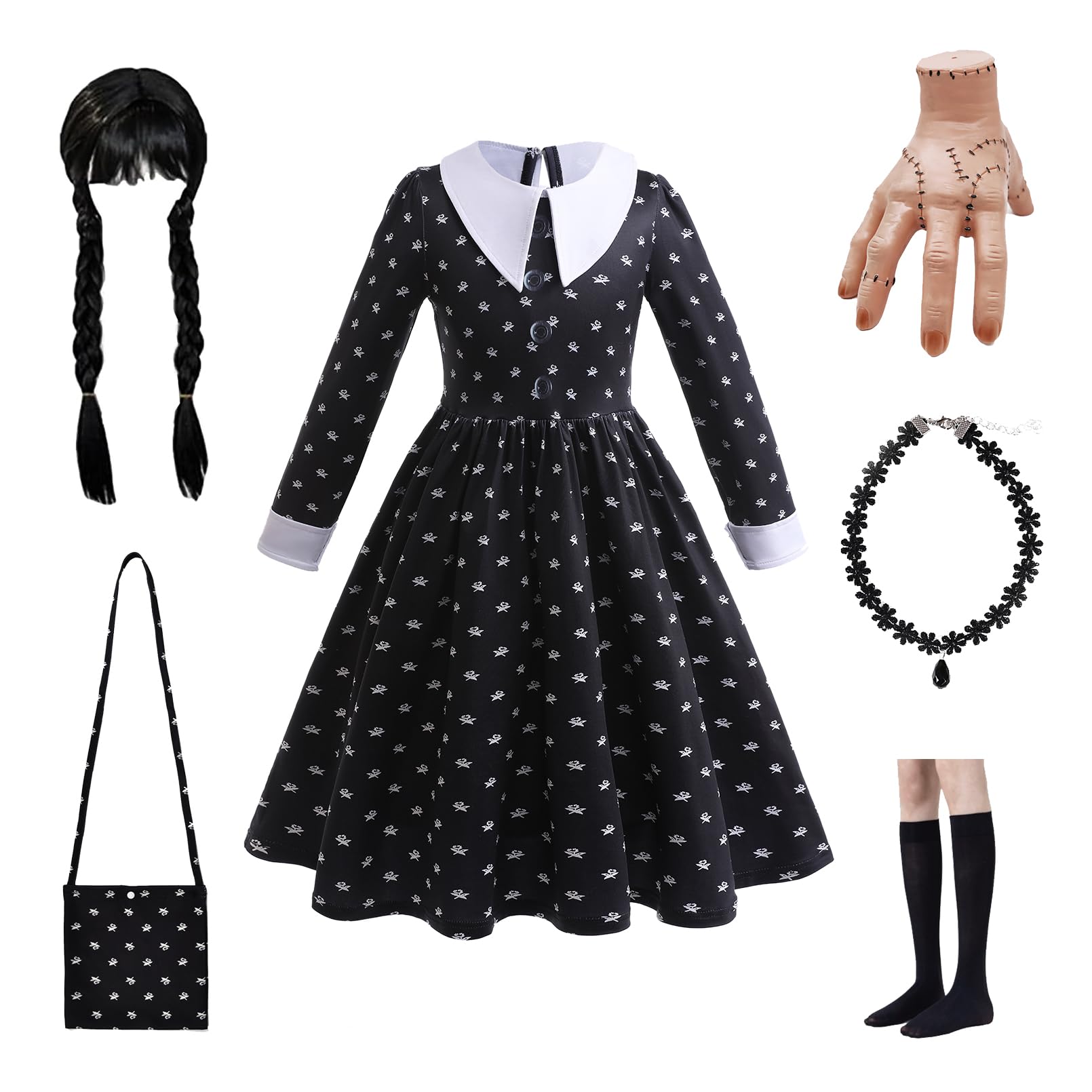 Photo 1 of Halloween Cosplay Costume Girls Dress Kid Teen Black Outfit With Wig Bag Earrings Socks