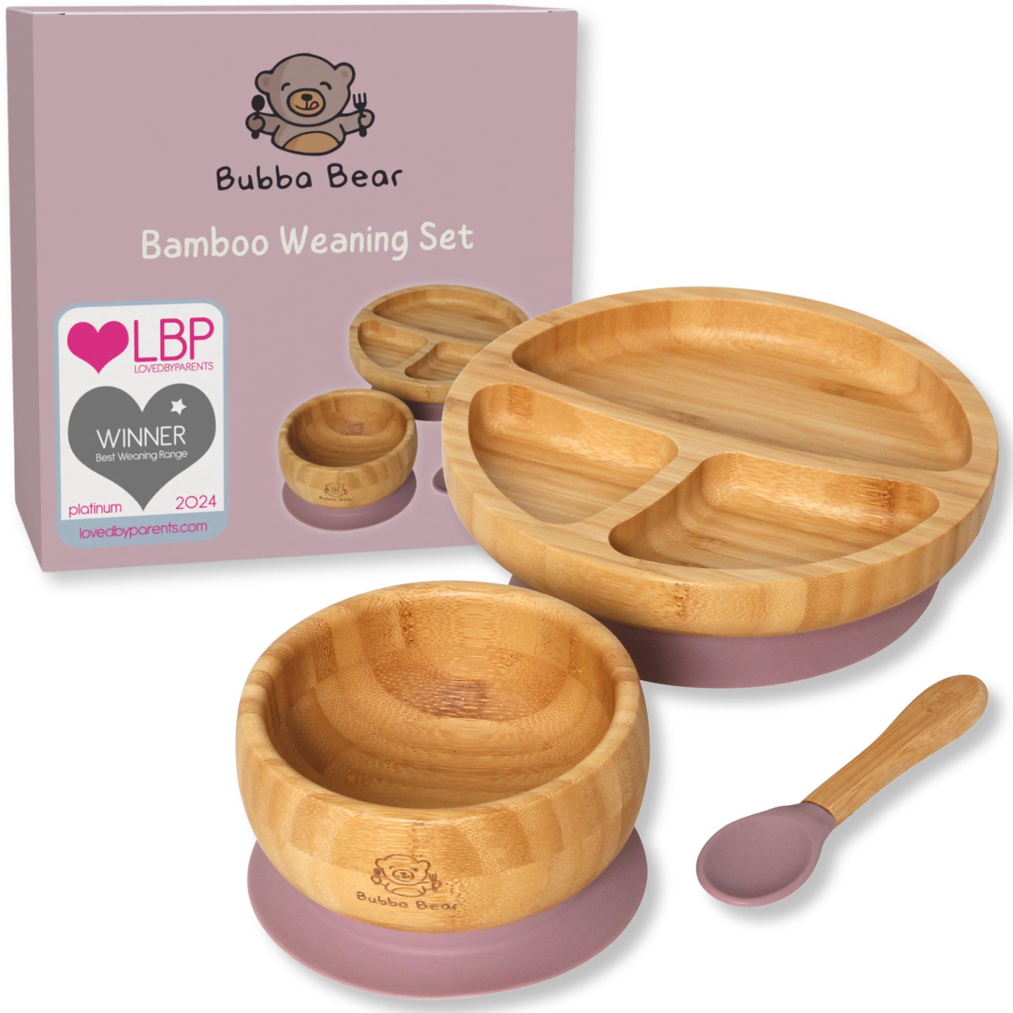 Bubba Bear Baby Bamboo Weaning Set | Toddler & Babies Plates & Bowls with Suction | Childs Led Feeding Plate, Bowl and Spoon Set | Wooden Dinner Essentials Sets for Kids | Eco Friendly & BPA Free