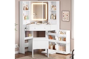 BTHFST Corner Vanity Desk with Lights and Charging Station, Makeup Vanity with Lights, Vanity Set with Mirror and Storage Stool, Makeup Table with Drawers, Rotating Shelves, White