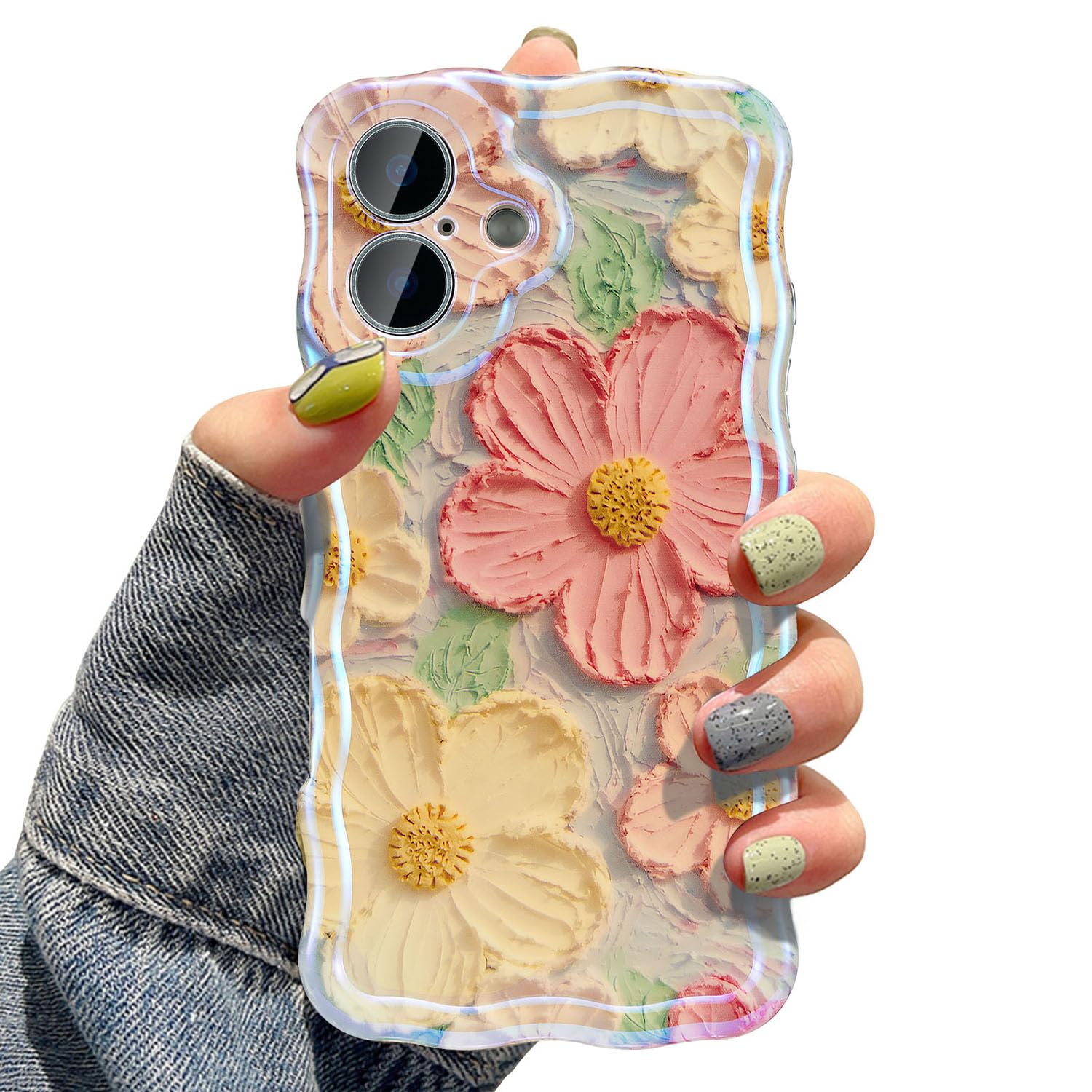 UEEBAI Case for iPhone 16 Plus, Colorful Retro Oil Painting Flower Case Pretty Glossy Pattern Wave Case Cute Sparkly Floral Curly Cover Stylish Soft Case for Women and Girl - Orange Yellow