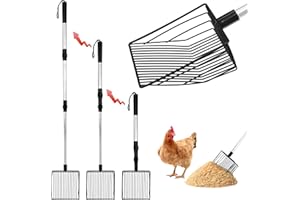 Wortade Chicken Poop Scooper, 3 in 1 Litter Scooper (22.4-41.3inch) Stainless Steel Handle, Adjustable Poop Scooper for Chicken Coop, Multifunctional Litter Sifting Shovel, Chicken Coop Accessories