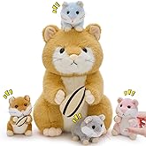 MorisMos Realistic Hamster Stuffed Animal with 4 Surprise Squeaky Babies - 13" Mama Plush Hamster Toy for Kids Girls Boys Birthday Christmas, Educational Family Role Play Gift for Birthday Christmas