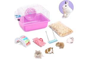 PStarDMoon Portable Hamster Cage with Running Wheels, Food Basin, and Rainbow Toys, for African Miniature Rabbit Chinchilla Squirrel and Other Small Animals, Pink