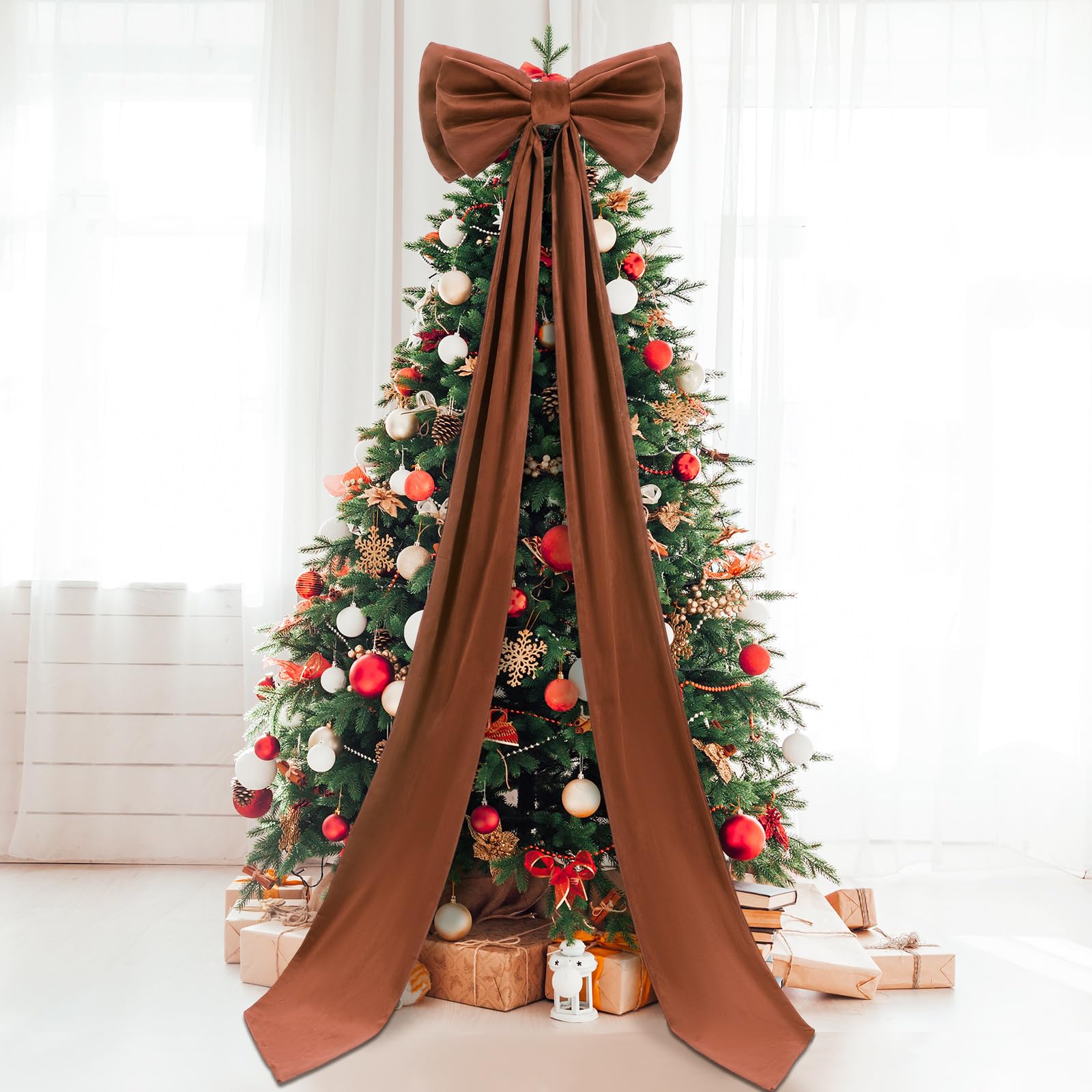 Photo 1 of Wavwavw Giant Bow Decor Christmas Tree Topper Decoration Big Bows for Room Wall Backdrop 75x18 Inch Ribbon Tie for Wedding Christmas Fall Birthday Party Baby Shower Supplies(Brown,Velvet)