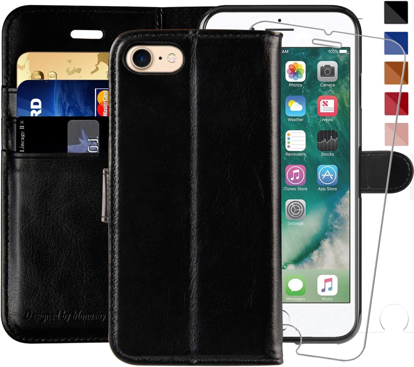 MONASAYCase Compatible for iPhone SE 2022/2020 5G,iPhone 7/8 Wallet Case,4.7-inch, [Glass Screen Protector] Flip Folio Leather Cell Phone Cover with Credit Card Holder, Black