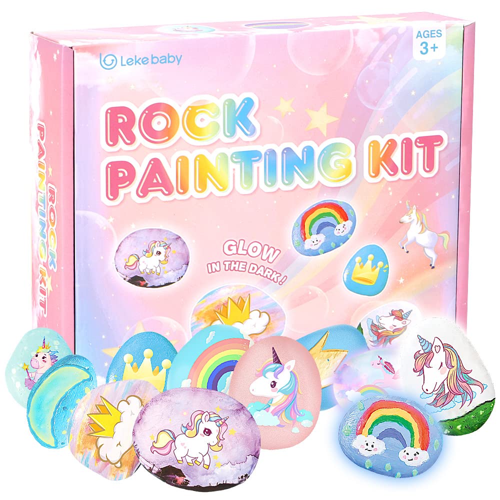 Lekebaby Rock Painting Kit, Arts and Crafts for Kids, Creative Toys & Gifts & Presents for Boys Girls Age 3-12 Year Old, Unicorn/Pink