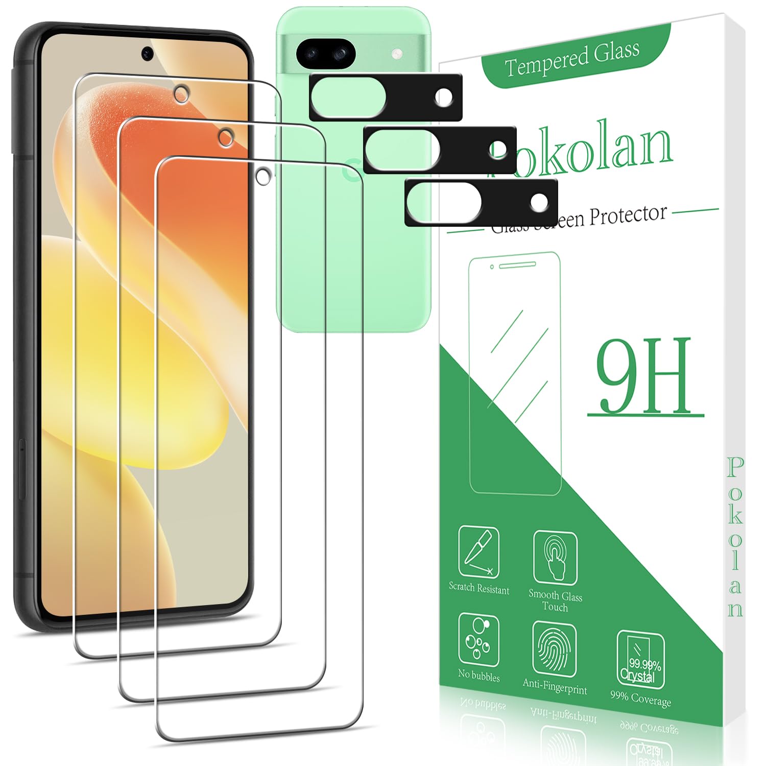Pokolan 3+3 Pack Screen Protector for Google Pixel 8A Tempered Glass, With Camera Lens Protector, 9H Hardness, Bubble Free, Anti-Scratch, Ultra Resistant
