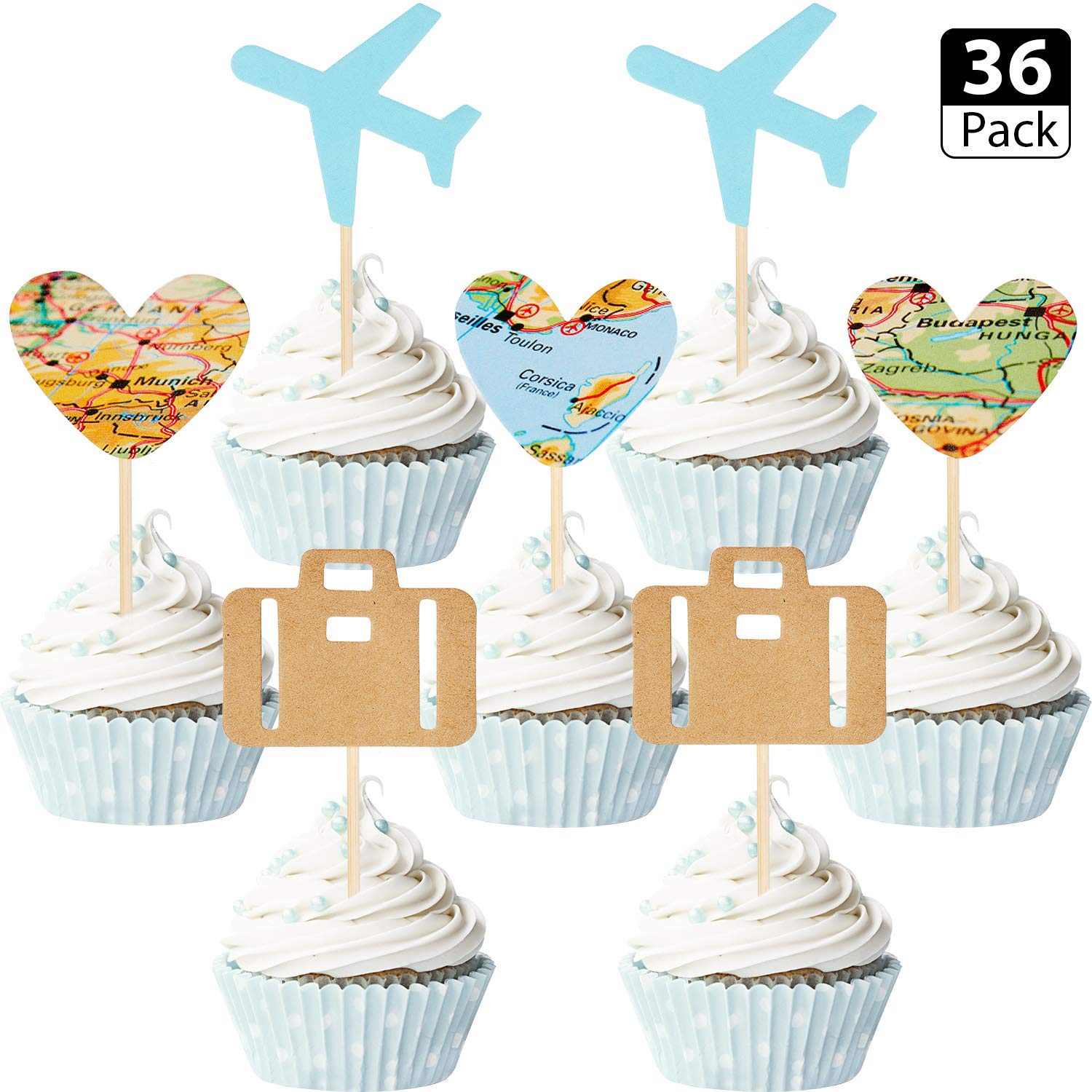 36 Pieces Travel Themed Cupcake Toppers Set Blue Airplane Cupcake