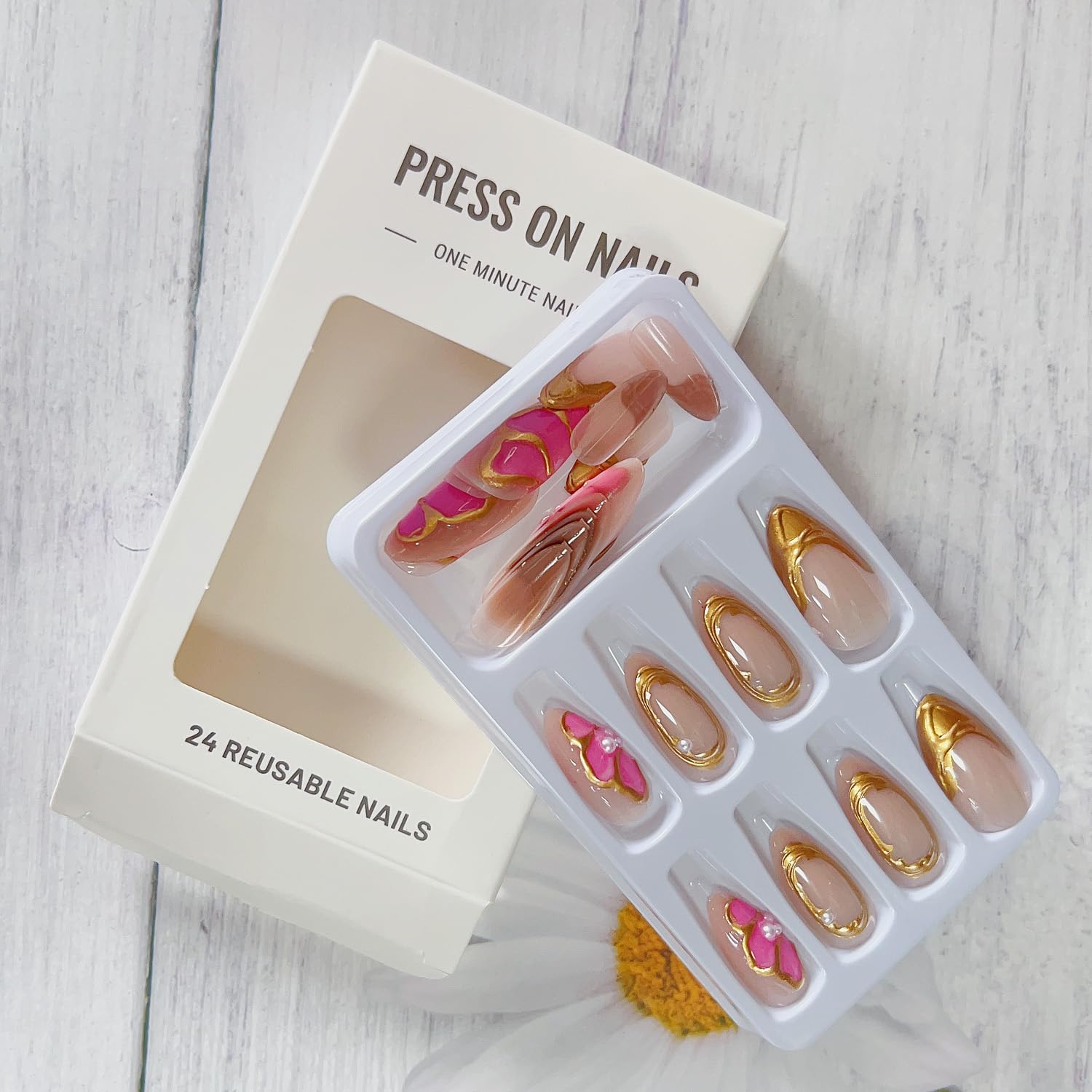 LPOODDNU 3D Almond Press on Nails Medium Handmade Fake Nails with Gold Charms Pink Butterfly Designs French Acrylic Nails Press ons Almond Shape False Nails Cute Nails Medium Stick on Nails for Women - Image 5