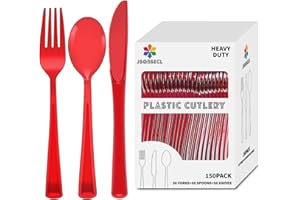 JSQBSECL 150 Pack Plastic Silverware,Disposable Cutlery Set Heavy Duty Utensil Sets 50 Forks 50 Knives 50 Spoons for Brithday, Wedding,Home Office School Party Picnics (Red Clear)