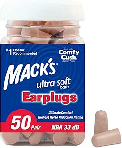 Mack's Ultra Soft Foam Earplugs, 50 Pair - 33dB Highest NRR, Comfortable Ear Plugs for Sleeping, Snoring, Travel, Concerts, Studying, Loud Noise, Work