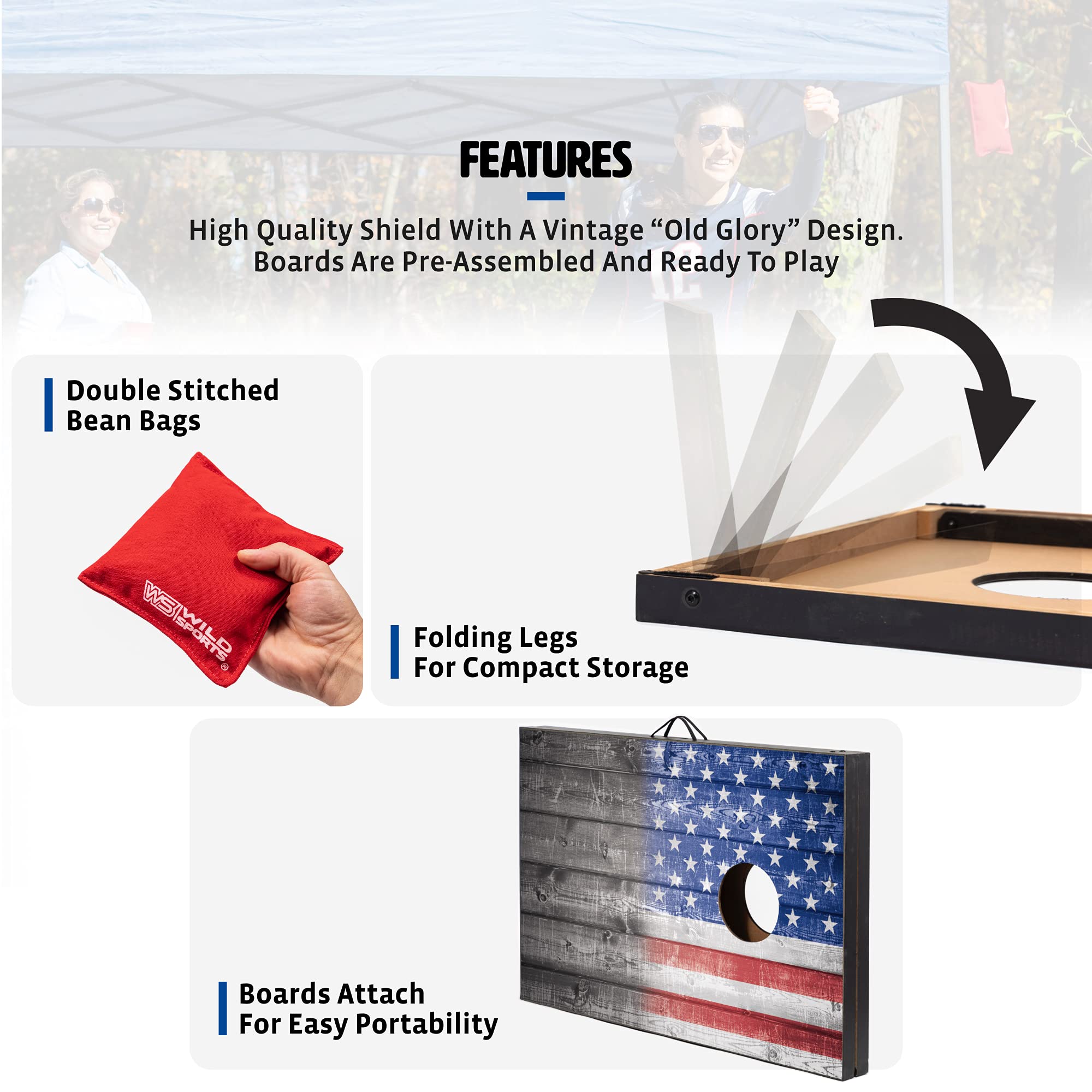 Wild Sports Cornhole Stars & Stripes – Planches 2x3 Avec Sacs De Haricots, Jeu De Lancer, Pliable Et Transportable