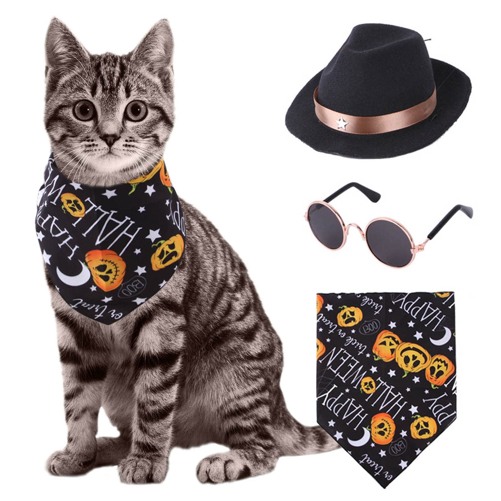 Otcmuky 3 Pieces Halloween Pet Costume Cat Hat Sunglasses Bandana Set Party Cosplay Daily Wearing Costume Accessories