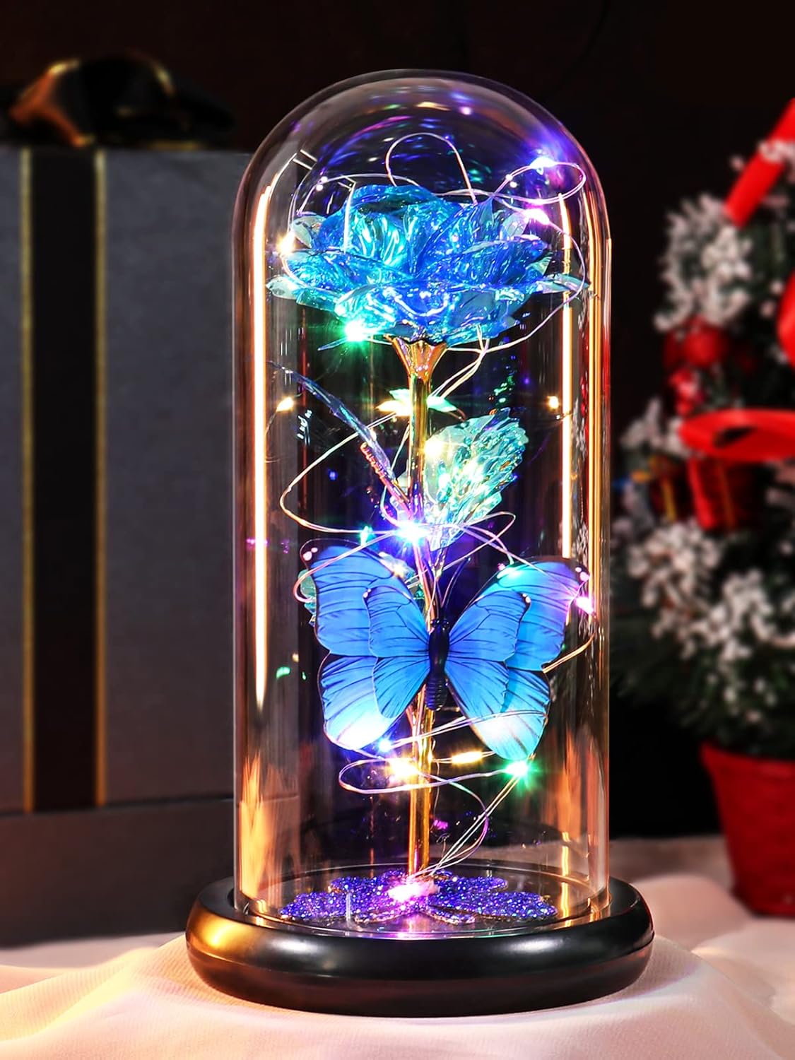 Dried & Preserved Flora - DEEMEI Womens Gifts for Christmas Rose Flower Gifts for Women,Birthday Gifts for Mom,Galaxy Blue Rose Gift for Xmas Crystal Flowers Light Up Rose in Glass Dome for Her