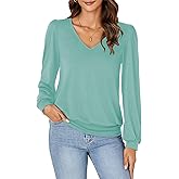 Vrtige Women's Casual Banded Bottom V Neck Puff Long Sleeve Tunic Top Blouse Shirt