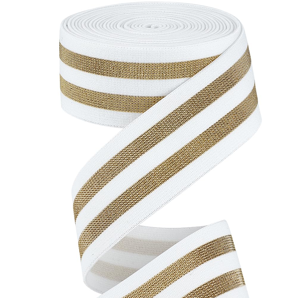 GORGECRAFT 40mm Wide Metallic Silver Striped Elastic Band 4.7 Yards White Stretch Ribbon Trim Comfortable Glitter Stripes Headband for Waistband Sewing Craft Project Webbing Garment Accessories