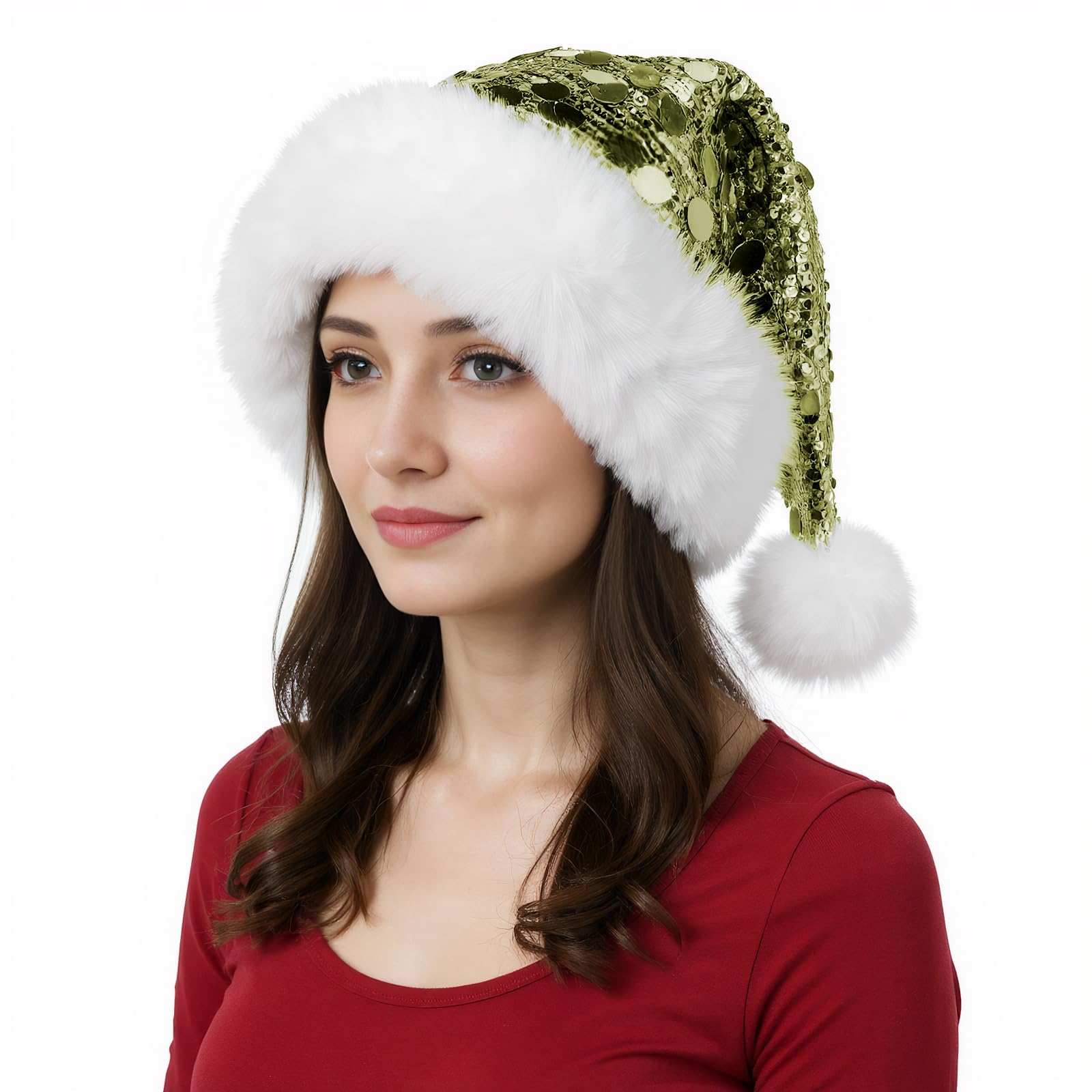 Sparkly Large Sequins Santa Hats with Fuzzy Faux Fur Trim & Pompom, Men Women Glittering Christmas Hat Halloween Xmas Santa Claus Elf Costume Headwear Furry Cap New Year Christmas Decor Supplies