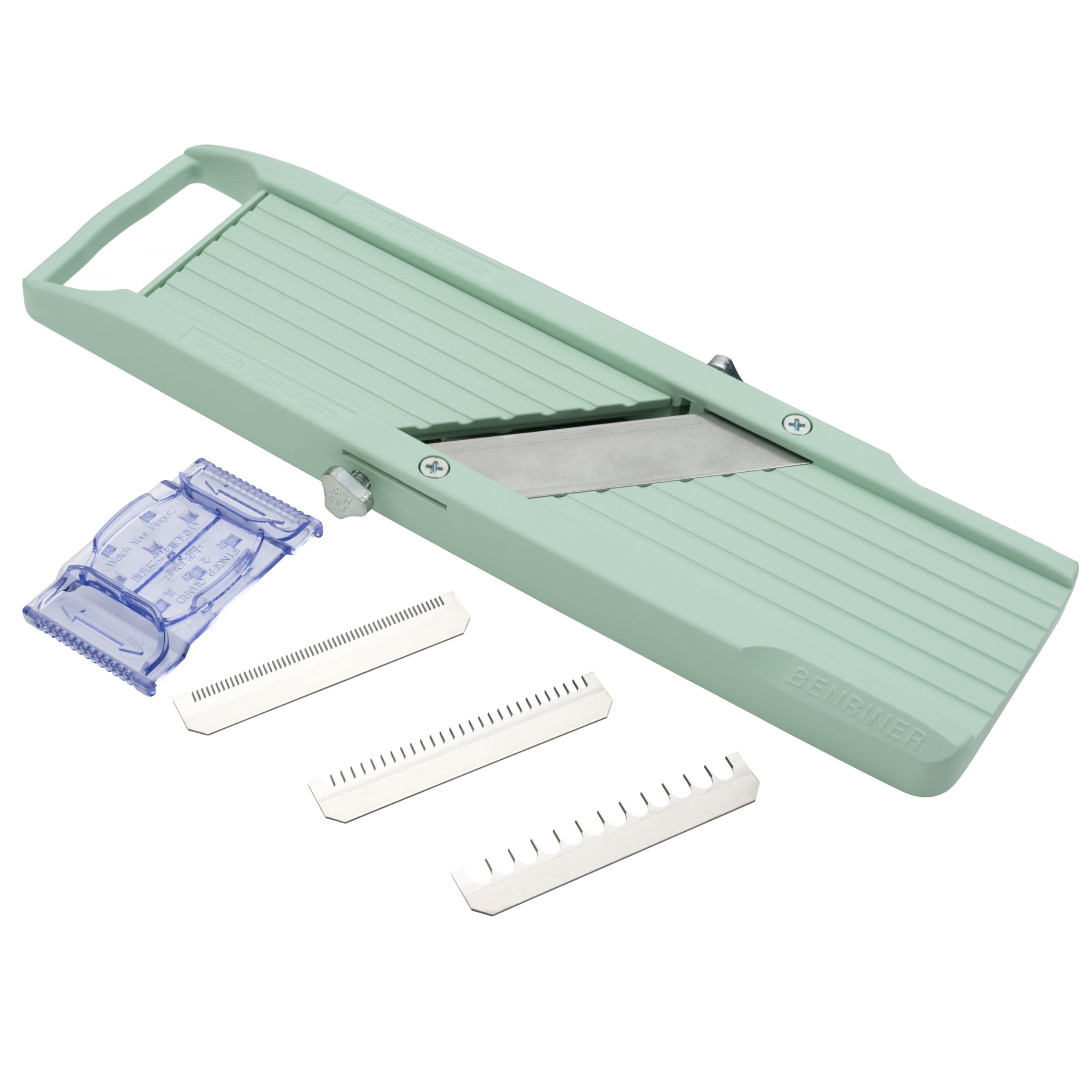 Benriner Mandolin Vegetable Slicer 6.4cm, Green - 3 interchangeable Stainless Steel Blades & Safety Guard - Japanese Handheld Mandolin Slicer for Shredding, Slicing & Julienning Fruit & Vegetables