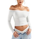 YEOREO Sophie Women Off Shoulder Long Sleeve Shirts Double Lined Basic Undershirt Y2K Going Out Tops