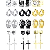 Ofeiyaa 12 Pairs Magnetic Stud Earrings Stainless Steel Non Pierced Earrings Punk CZ Hoop Dangle Hinged Feather Clip on Magnet Earring Set for Men Women Gold Silver Black Tone