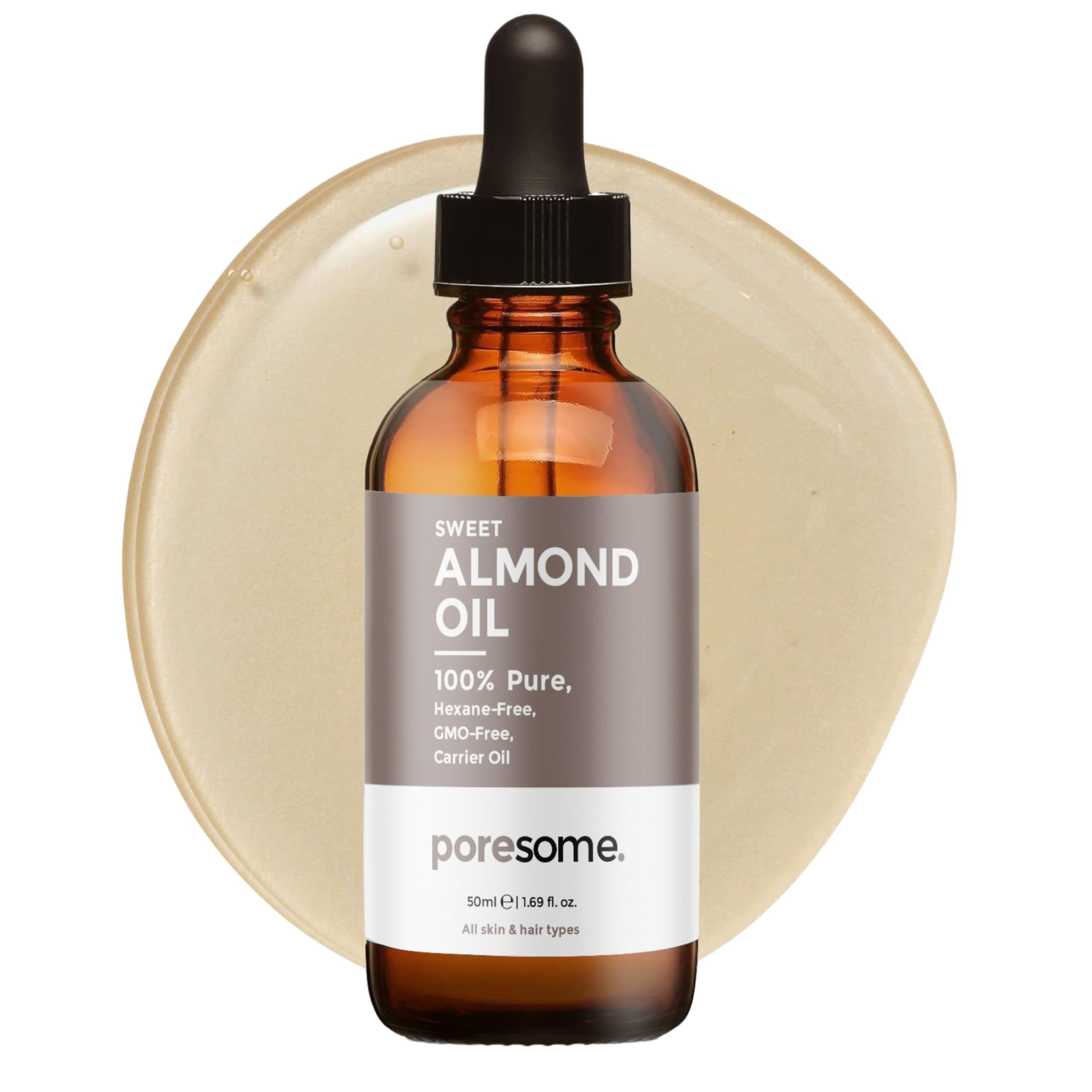 Poresome Sweet Almond Oil for Hair, Skin & Massage - 100% Pure, GMO Free, Hexane Free Carrier Oil - Vegan, Cruelty & Fragrance Free - UK Made - 50ml