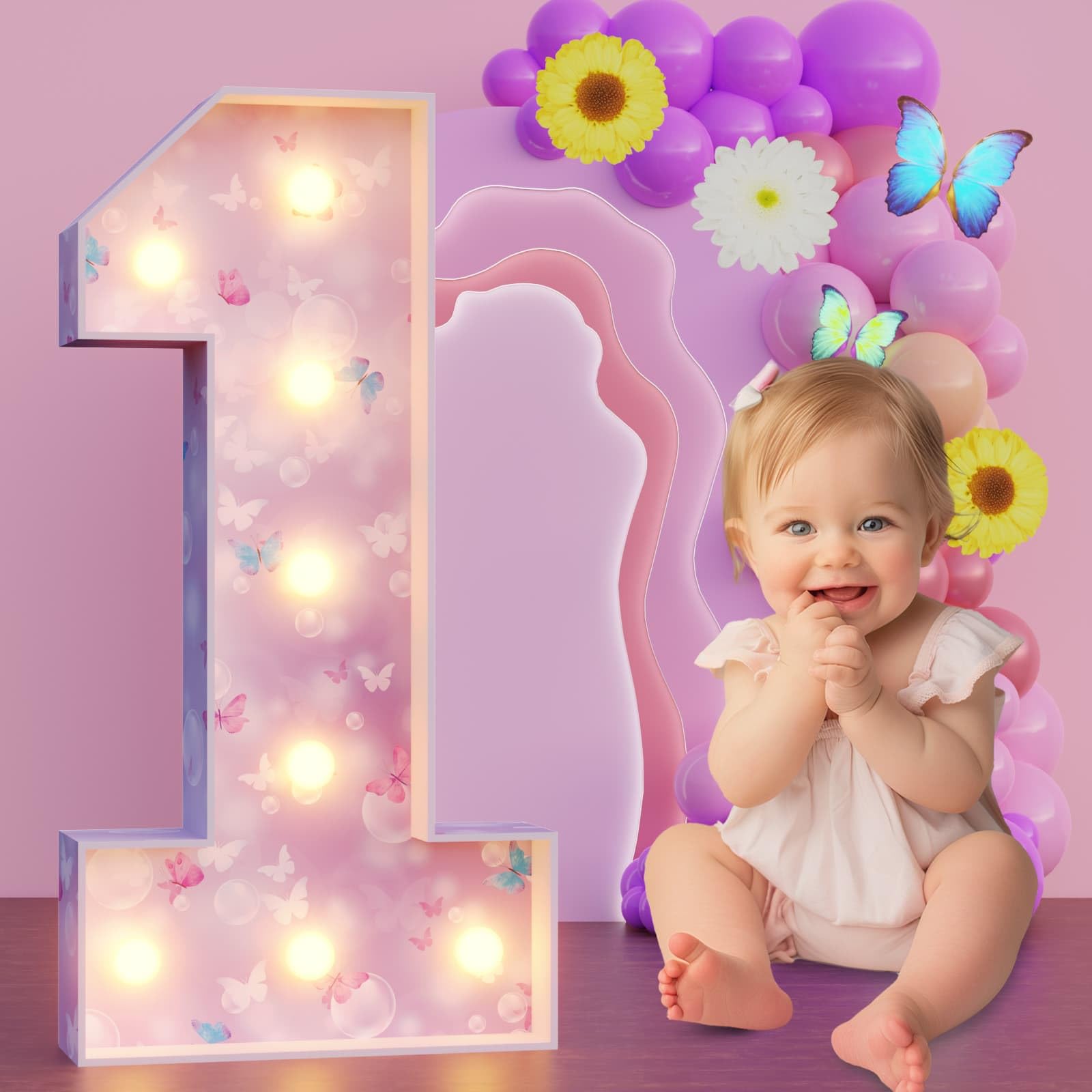 Photo 1 of Marquee Numbers Butterfly 1st-Birthday Decorations: 3ft Large Light Up Numbers Party Decor Girl First One Big Cardboard Number 1