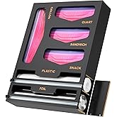 LUYABA 6 in 1 Bag Organizer and Wrap Dispenser with Magnetic Lid - Plastic Wrap Dispenser with Cutter for Kitchen Drawer, Storage for Gallon, Quart, Sandwich, Snack Bags, and Foil Black