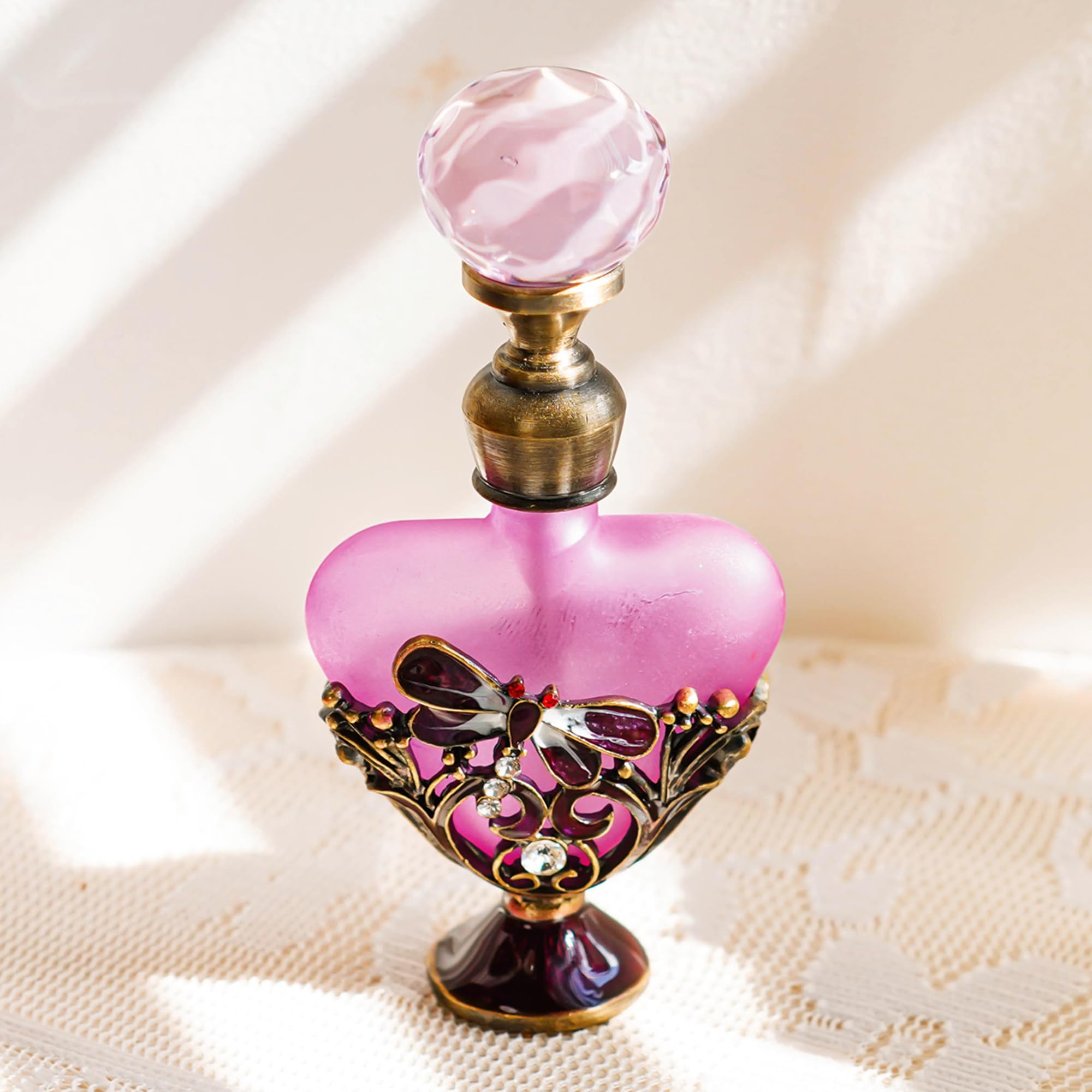 YU FENG Vintage Dragonfly Pewter and Glass Perfume Bottle with Diamand, Empty Refillable Mini Perfume Bottle