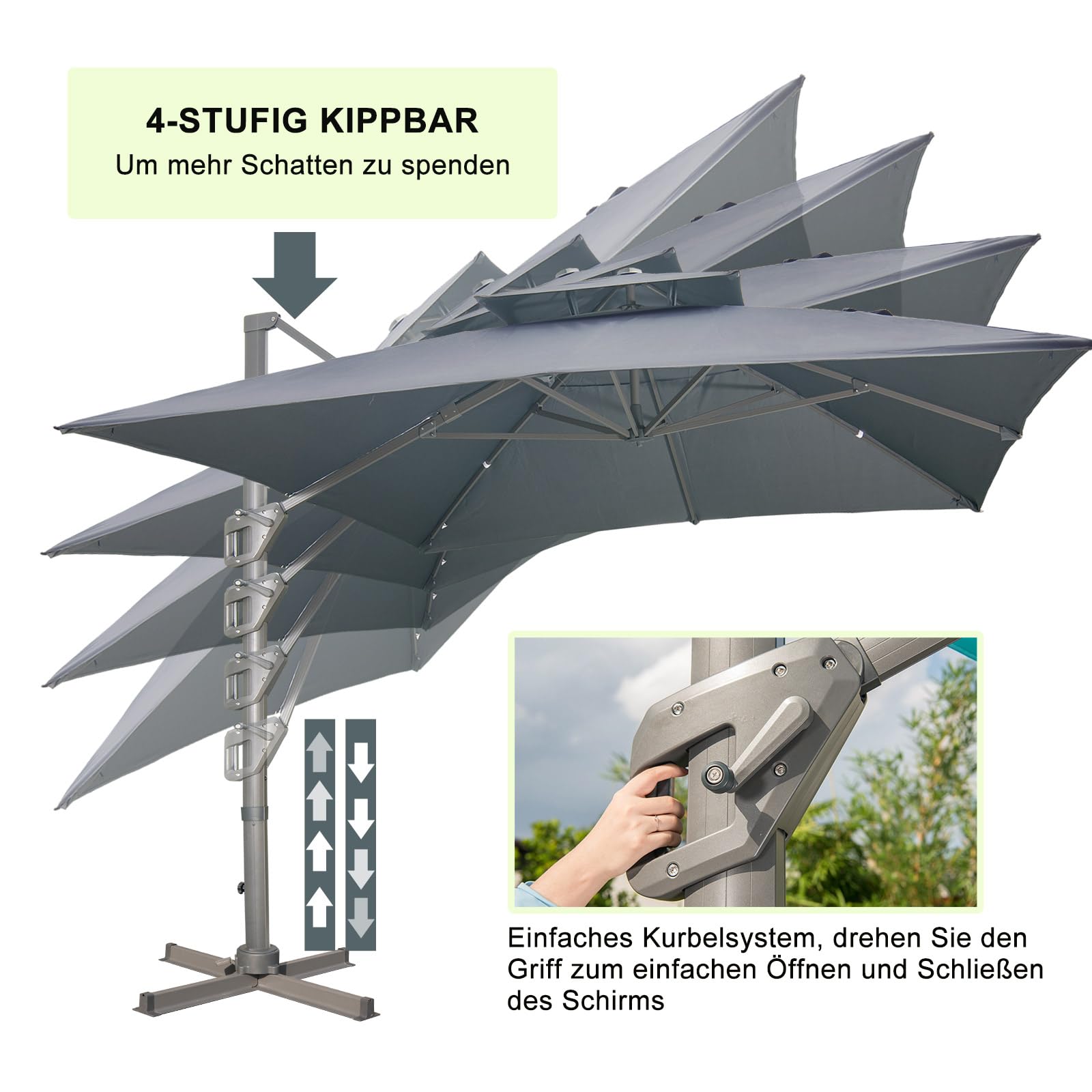 LKINBO Sonnenschirm 300 x 400 cm Rechteckig mit Ständer und Kurbel, Groß Ampelschirm Terrassenschirm 360°Drehbar Parasol Windfest Gartenschirm Wasserdicht Marktschirm für Garten Deck Outdoor, Grau 4