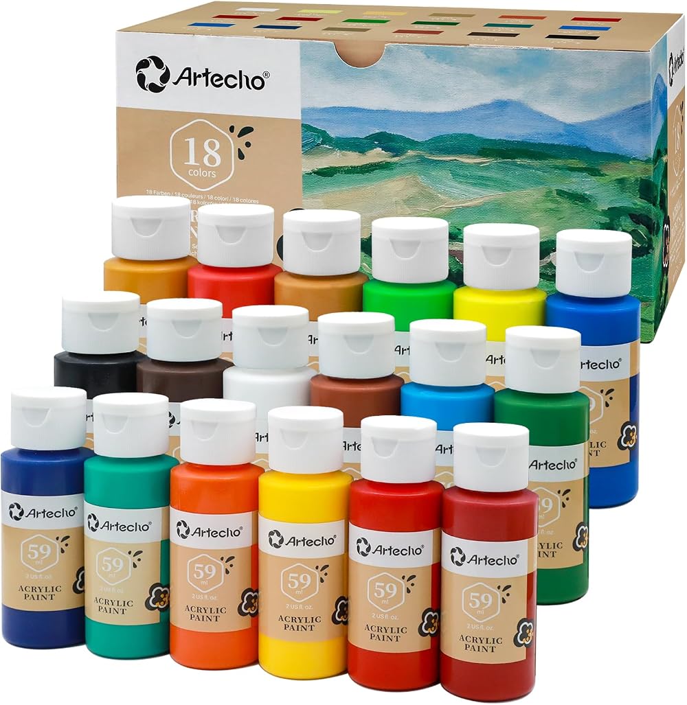 Artecho Acrylic Paint 18 Colors 59ml Non Toxic Gloss Finish Set