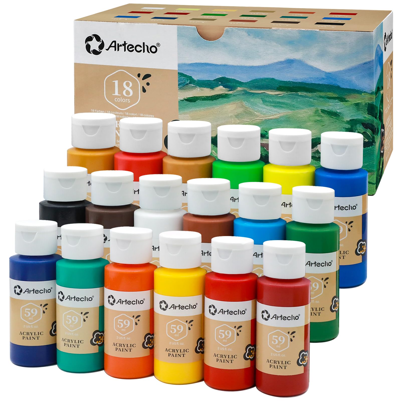 Artecho Acrylic Paint 18 Colors 2 Ounce/59ml, Acrylic Paints Set for Adults, Non Toxic, Waterproof Paint Kit for Canvas, Crafts, Glass, Model, Clay, Wood, Fabric, Poster, Leather&Rock