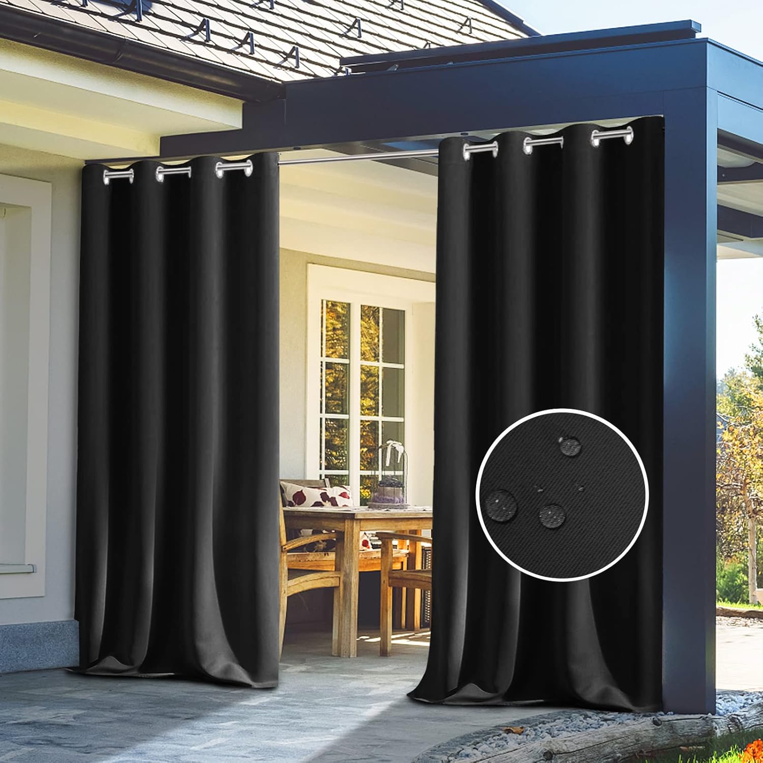 Outdoor Curtains - ZWGQZYTX Waterproof Window Curtain for Patio Rustproof Grommet Top Drapes Outdoor Curtains for Porch, Pergola, Cabana, Gazebo, and Sun Room Black 2 Panels | W43.3 * H86.61