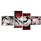 KREATIVE ARTS 4 Panel Black and Red Wall Art Canvas Print Modern Abstract Painting for Home Stair Wall Decor L68xH32inch