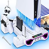 PS5/Slim/Pro Cooling Station and Controller Charging Station with LED Stand for PlayStation 5 Console - PS5 Controller Charger, Cooling Stand Accessory Kit-Cooler Fan/Headset Holder/3 USB Hub, White