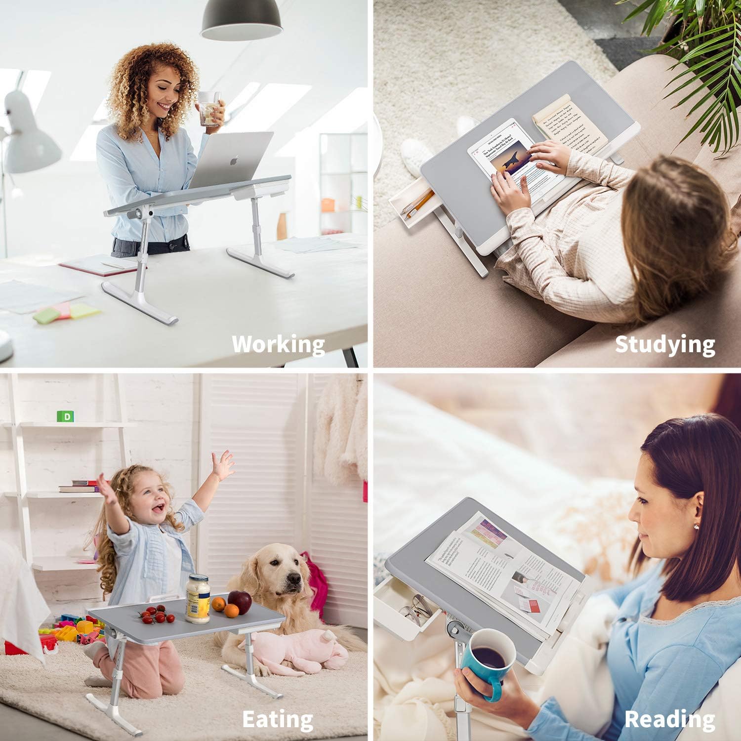 SAIJI Laptop Bed Tray Table, Adjustable PVC Leather Laptop Bed Table, Portable Standing Desk with Storage Drawer, Foldable Lap Tablet Table for Sofa Couch Floor (Gray, Large) : Office Products