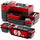FLYVOLE 69 PCS &amp; 5 Sizes Tool Box Organizer Trays, Black and Red | Plastic Toolbox Drawer Organizer, Interlocking Design, Desk Drawer Tray for Storing Wrench Screwdrivers Hammer Hacksaw Nails