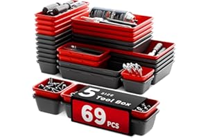 FLYVOLE [5 Sizes] [69 PCS] Tool Drawer Organizer, Desk Tray, Rolling Chest, Toolbox (Black+Red)