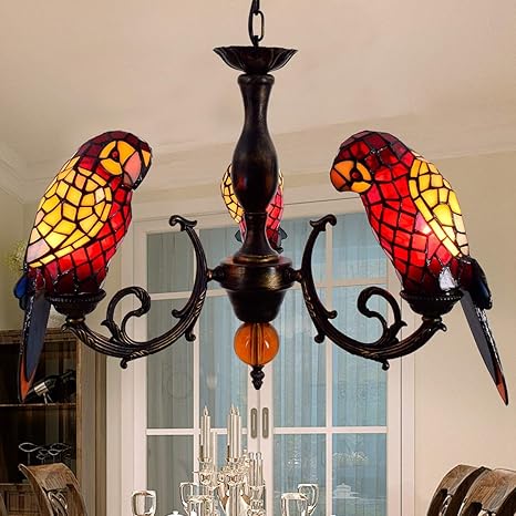 Led Tiffany Style Parrot Chandelier 3 Heads Stained Glass Pendant Lamps Bedroom Livingroom Studyroom Decorative Ceiling Lights E27 Color Red