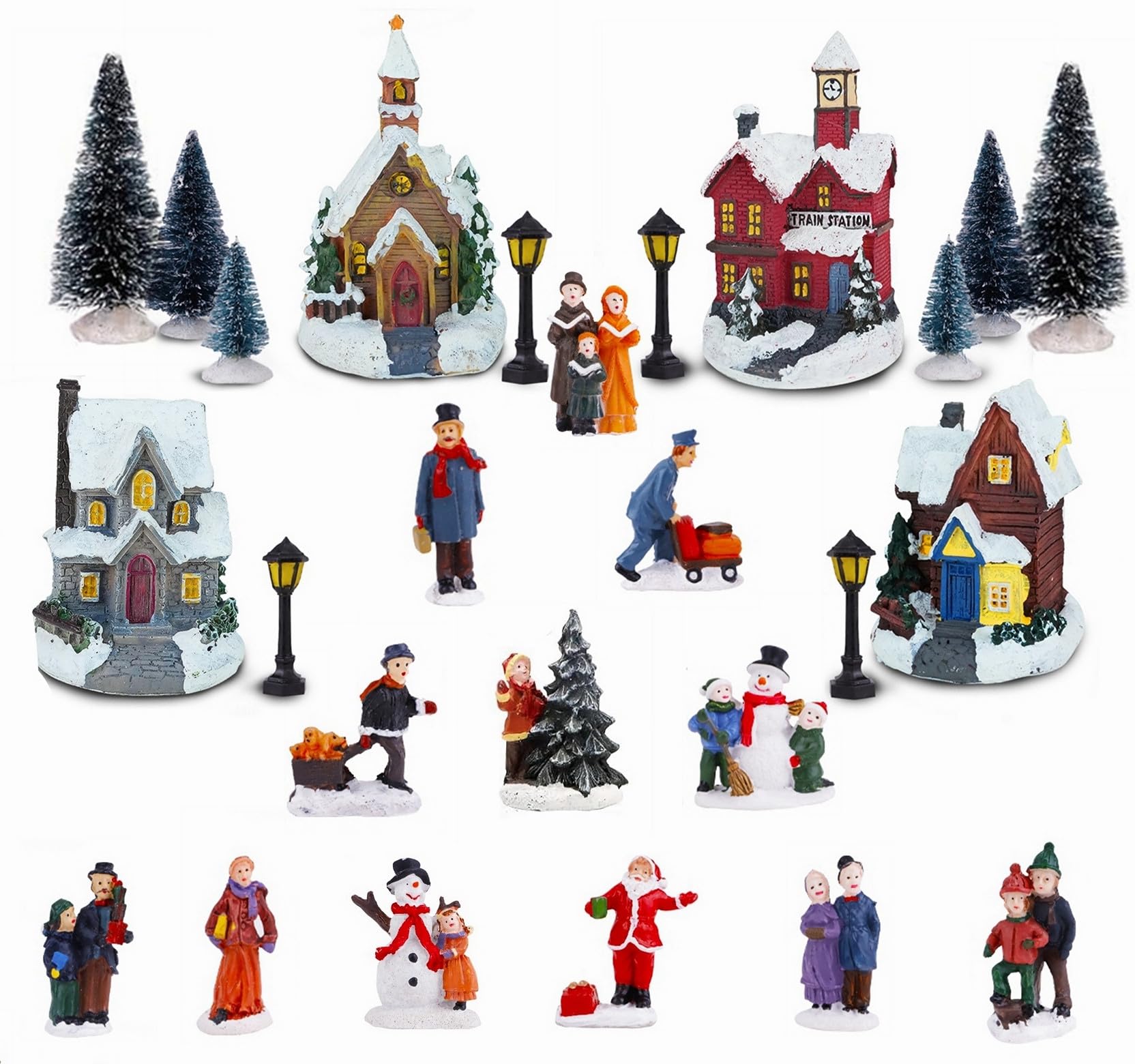 Photo 1 of WSNIJFU 27 Pieces Christmas LED Lighted Village Set Xmas Village Figurines Scene Display Winter Houses Town Buildings Accessories Miniature Resin Ornaments Gift for Christmas Village Collection