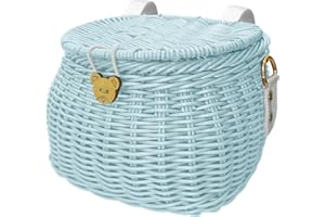 Alreczio Kids Bike Basket Set, Scooter Tricycle Basket, Children's Finely Woven Backpack with Lid Shoulder Strap Front Handlebar Rattan Basket