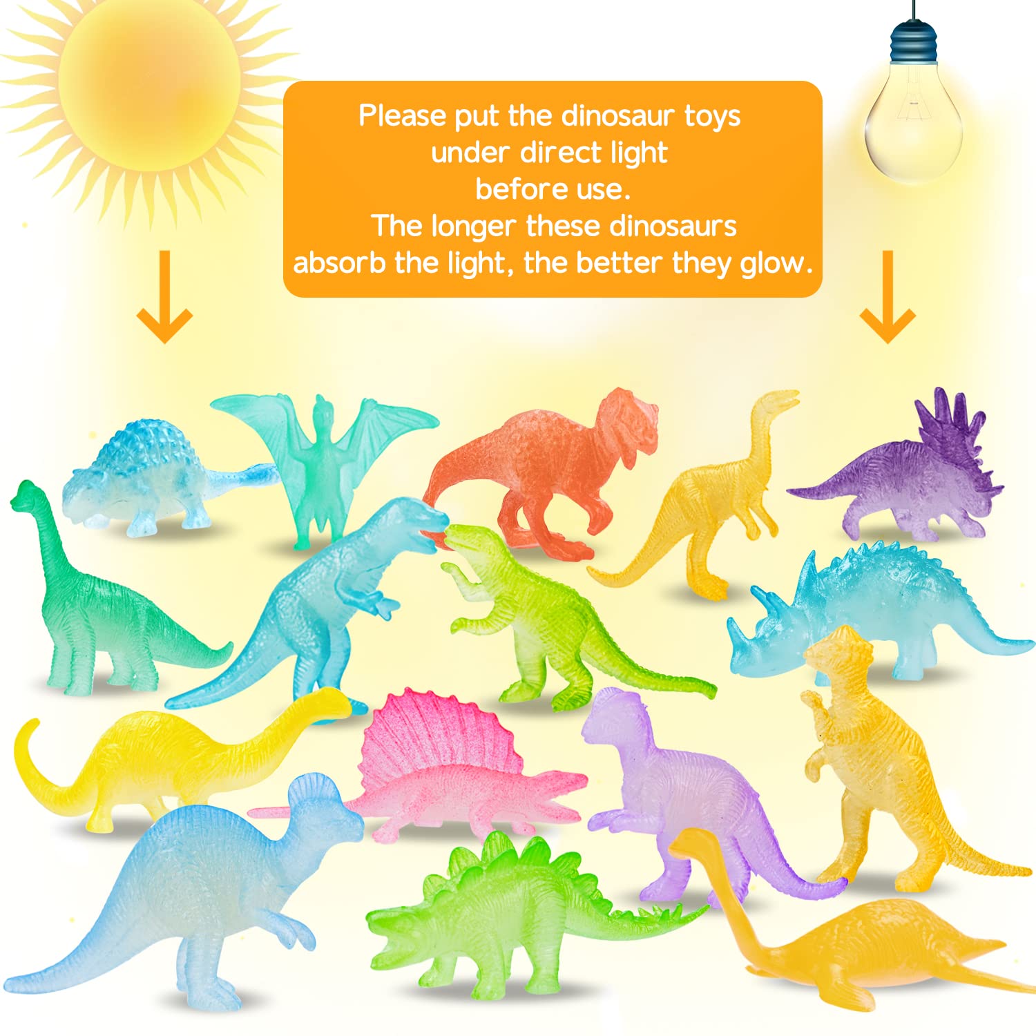 48 PCS Dinosaur Toys Glow in Dark Easter Baskes Gift Light up Decor Mini Dino Figures Birthday Party Favor Supplies Bulk Cake Topper Goodie Bag Stuffer Pinata Goody Filler Class Prize Treasure Box Kid