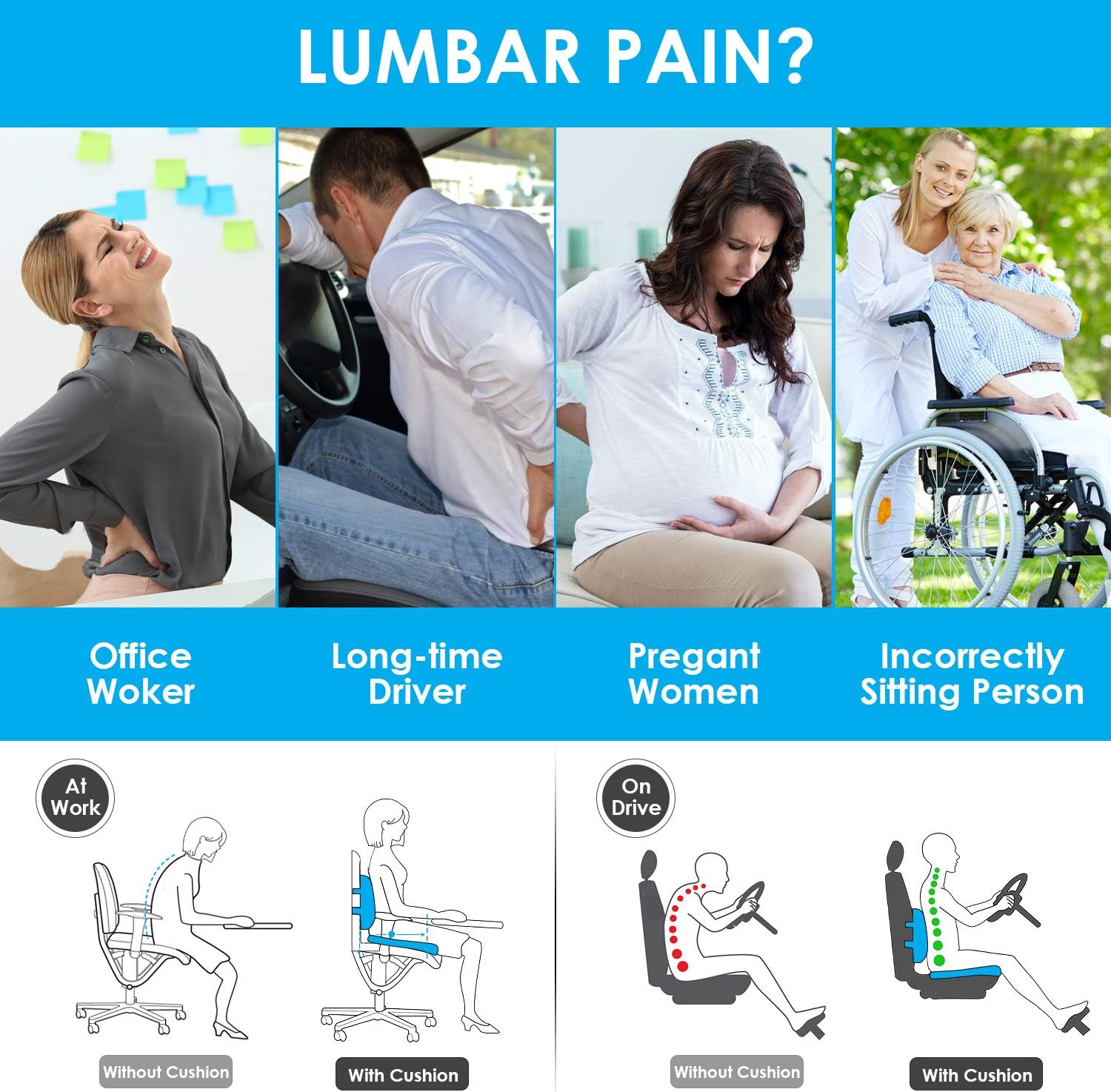 Coccyx Seat Cushion and Lumbar Support Pillow for Office Chair-Gel Infused,Orthopedic Car Seat Cushion Memory Foam Back Support Cushion for Lower Back Pain,Tailbone & Sciatica Pain Relief Black: Home & Kitchen