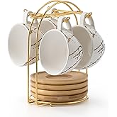 LUKA Ceramic Demitasse Espresso Cups Set with Saucers and Metal Stand, 8 oz Porcelain Stackable Cappuccino Cups Teacup For Tea, Espresso, Latte, Coffee, Cafe Mocha, Set of 4, White | Demitasse, Set, with Saucers, and Metal Stand, Stackable, Cappuccino Cups